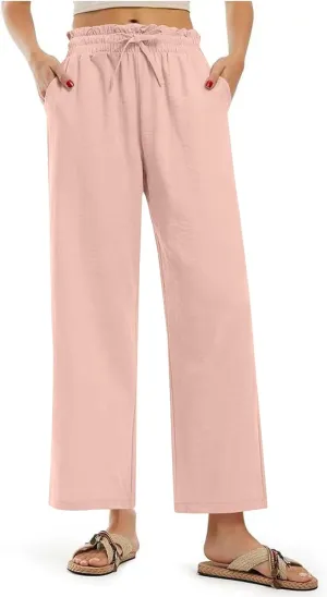 Wide Leg Linen Pants for Women Straight Leg Solid Country Concert Drawstring Cropped Loose Pants with Pockets