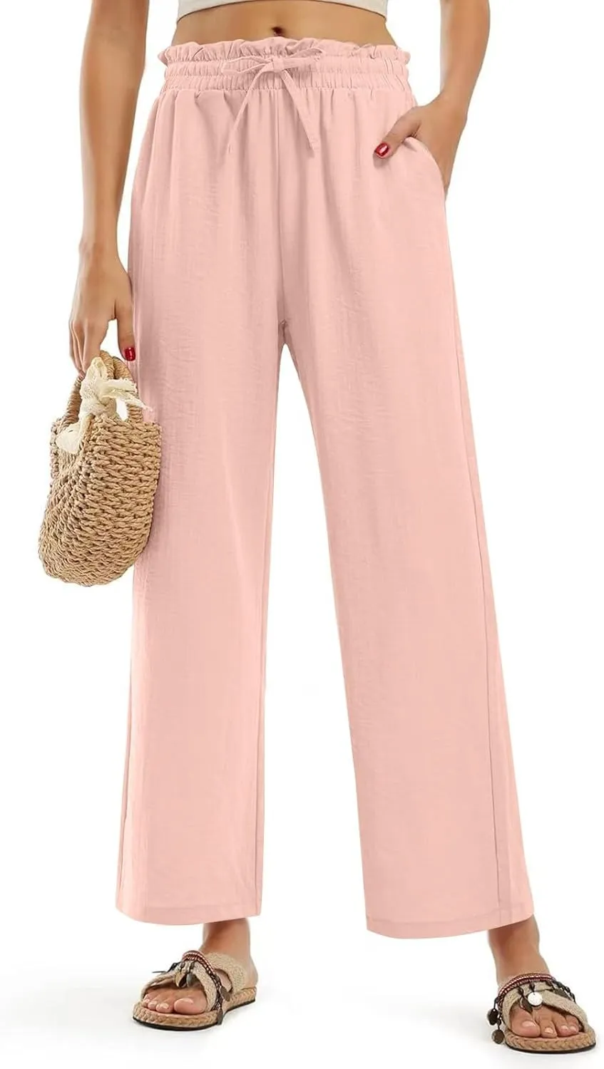 Wide Leg Linen Pants for Women Straight Leg Solid Country Concert Drawstring Cropped Loose Pants with Pockets