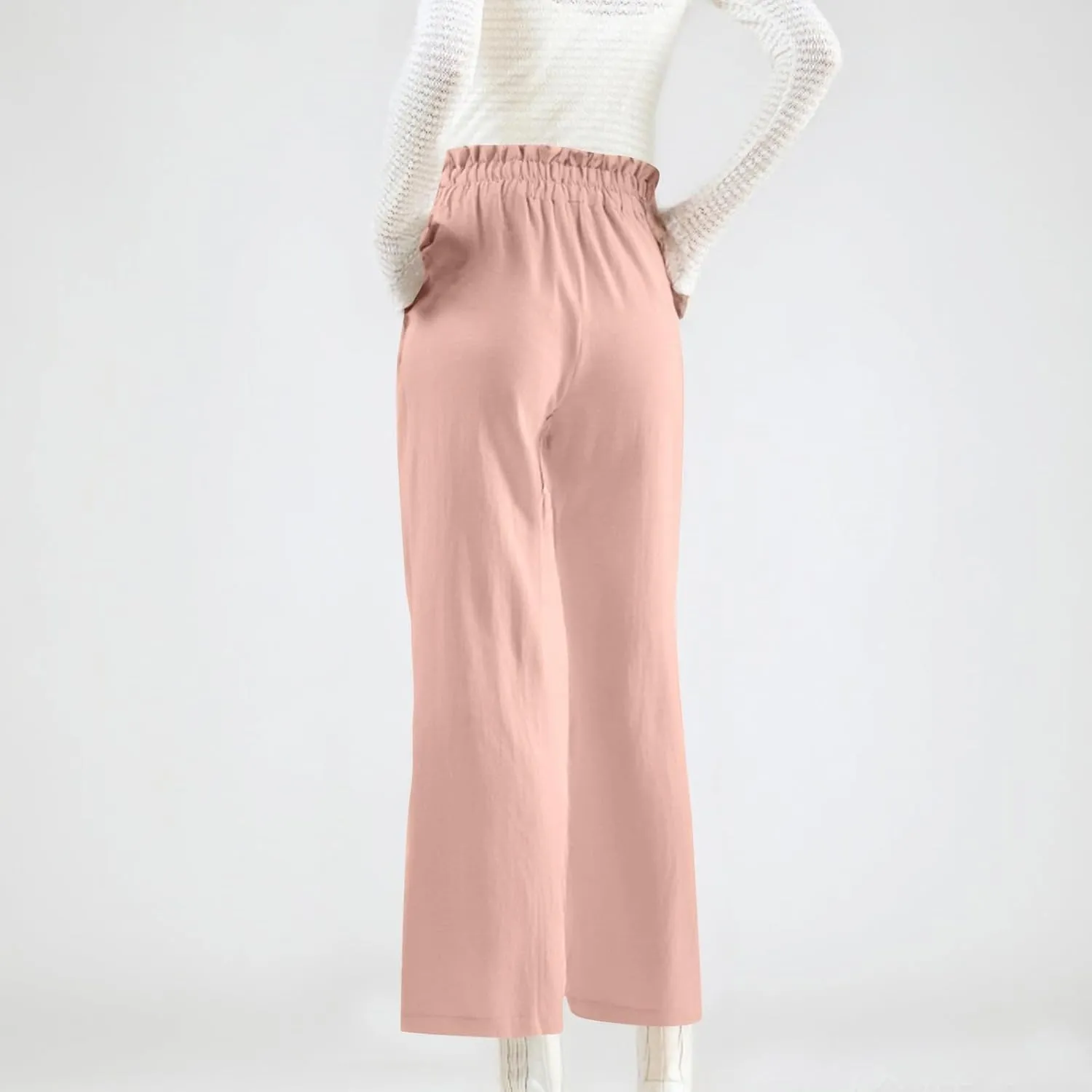 Wide Leg Linen Pants for Women Straight Leg Solid Country Concert Drawstring Cropped Loose Pants with Pockets