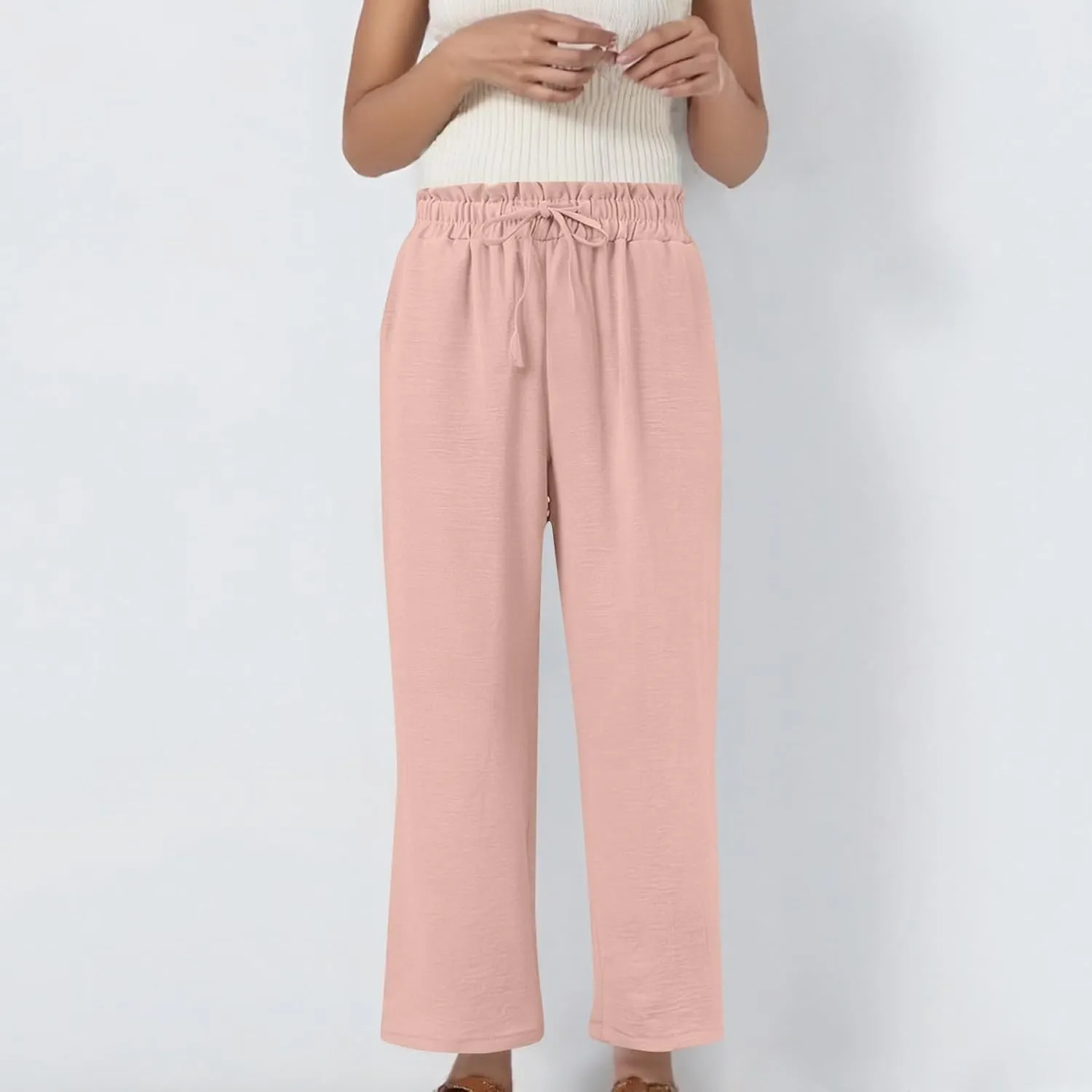 Wide Leg Linen Pants for Women Straight Leg Solid Country Concert Drawstring Cropped Loose Pants with Pockets