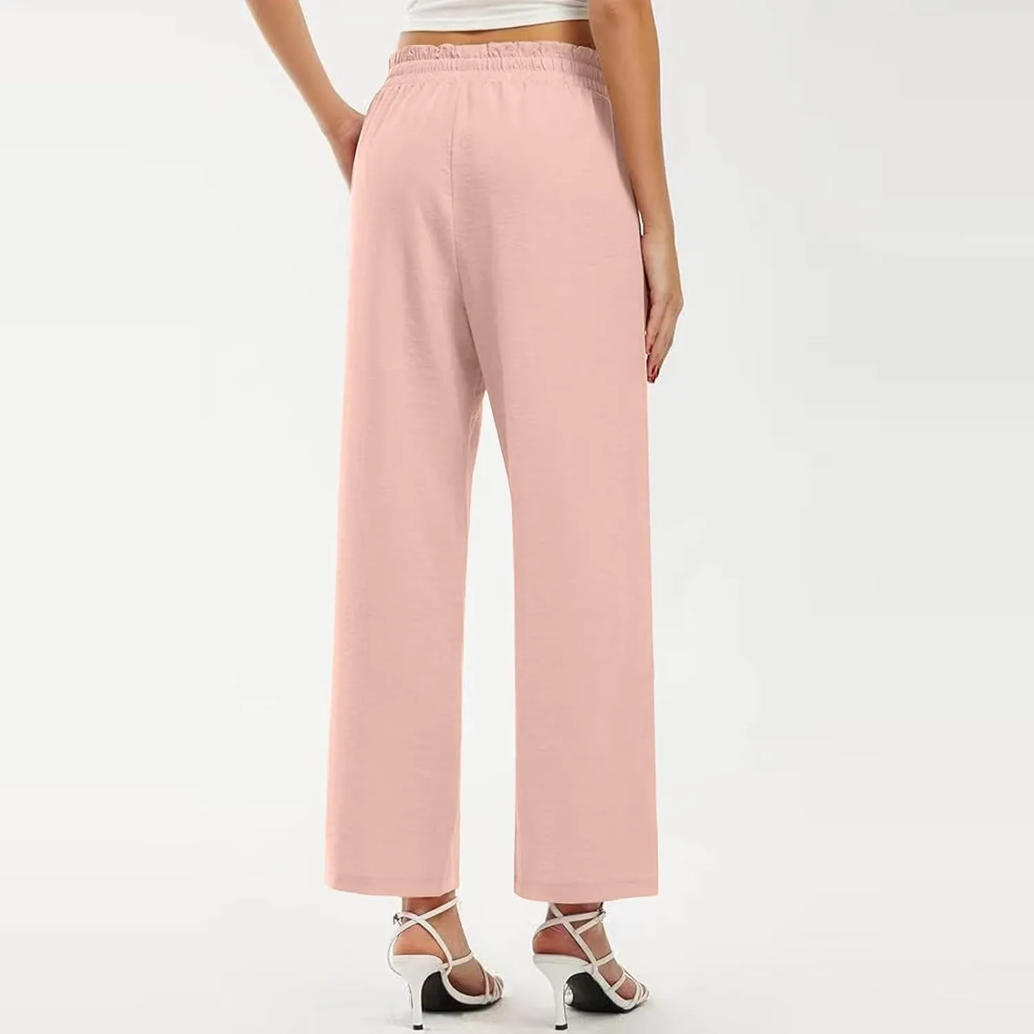 Wide Leg Linen Pants for Women Straight Leg Solid Country Concert Drawstring Cropped Loose Pants with Pockets