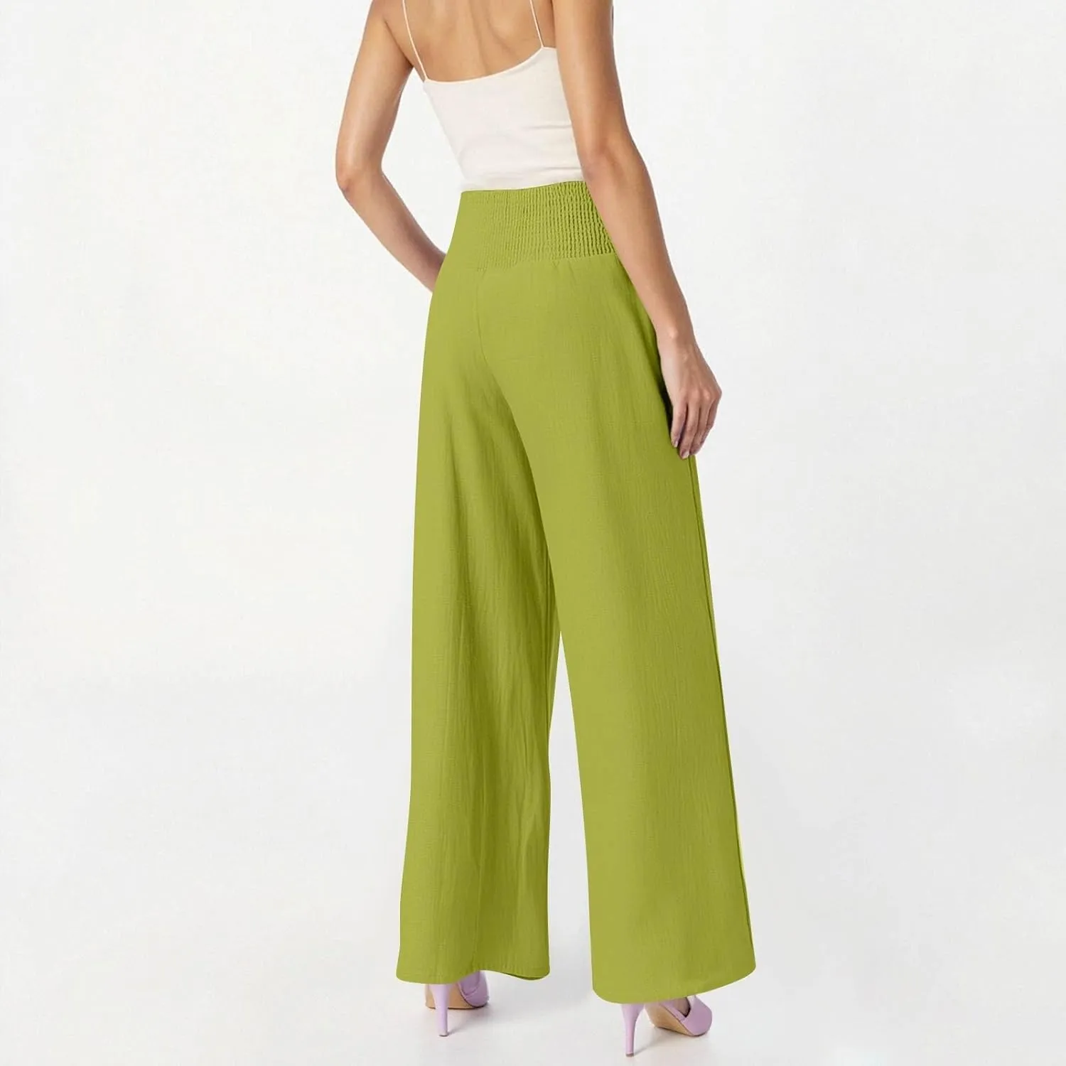 Wide Leg Linen Pants for Women Summer Smocked High Waisted Casual Palazzo Pants Lounge Trouser with Pockets (S-XXL)
