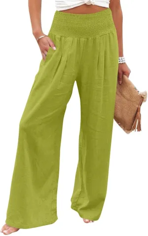 Wide Leg Linen Pants for Women Summer Smocked High Waisted Casual Palazzo Pants Lounge Trouser with Pockets (S-XXL)
