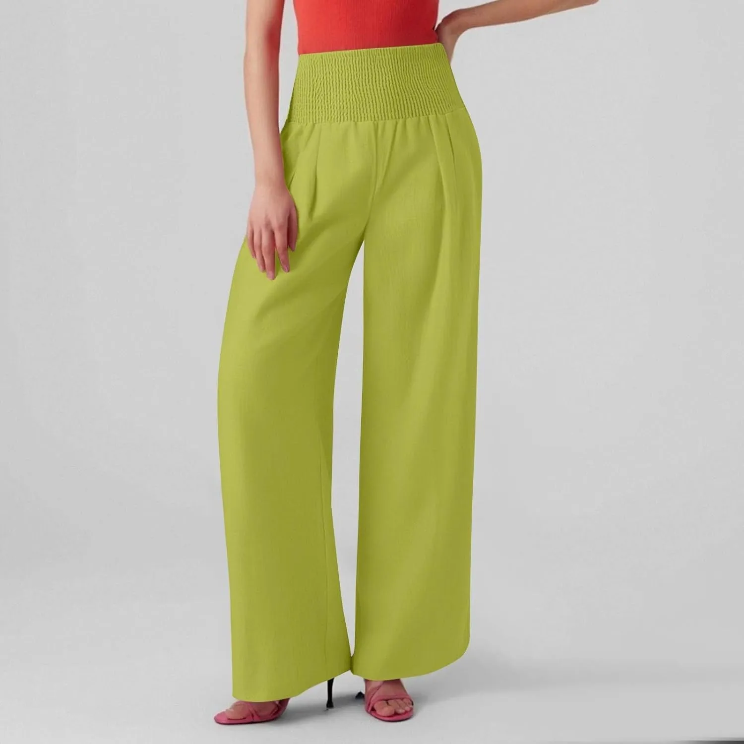 Wide Leg Linen Pants for Women Summer Smocked High Waisted Casual Palazzo Pants Lounge Trouser with Pockets (S-XXL)