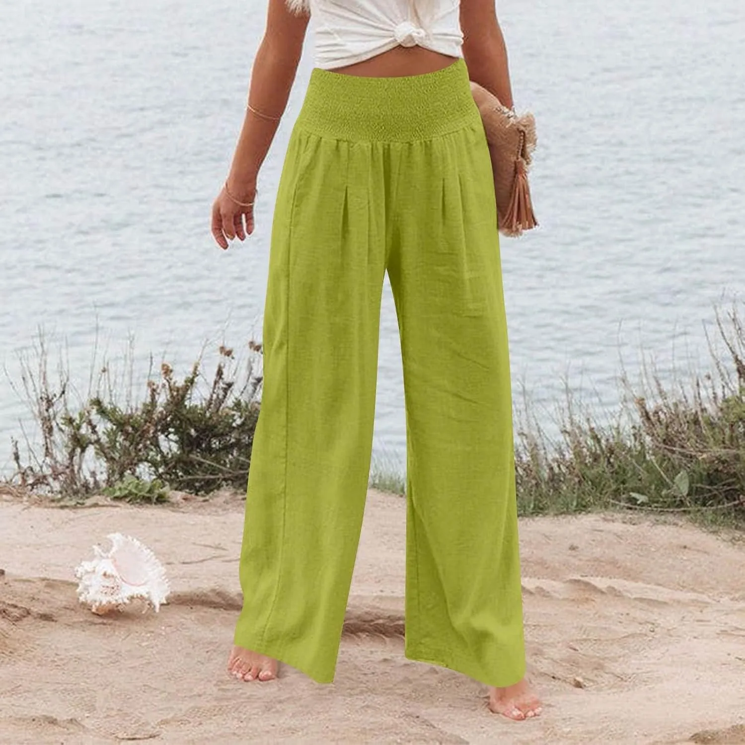 Wide Leg Linen Pants for Women Summer Smocked High Waisted Casual Palazzo Pants Lounge Trouser with Pockets (S-XXL)