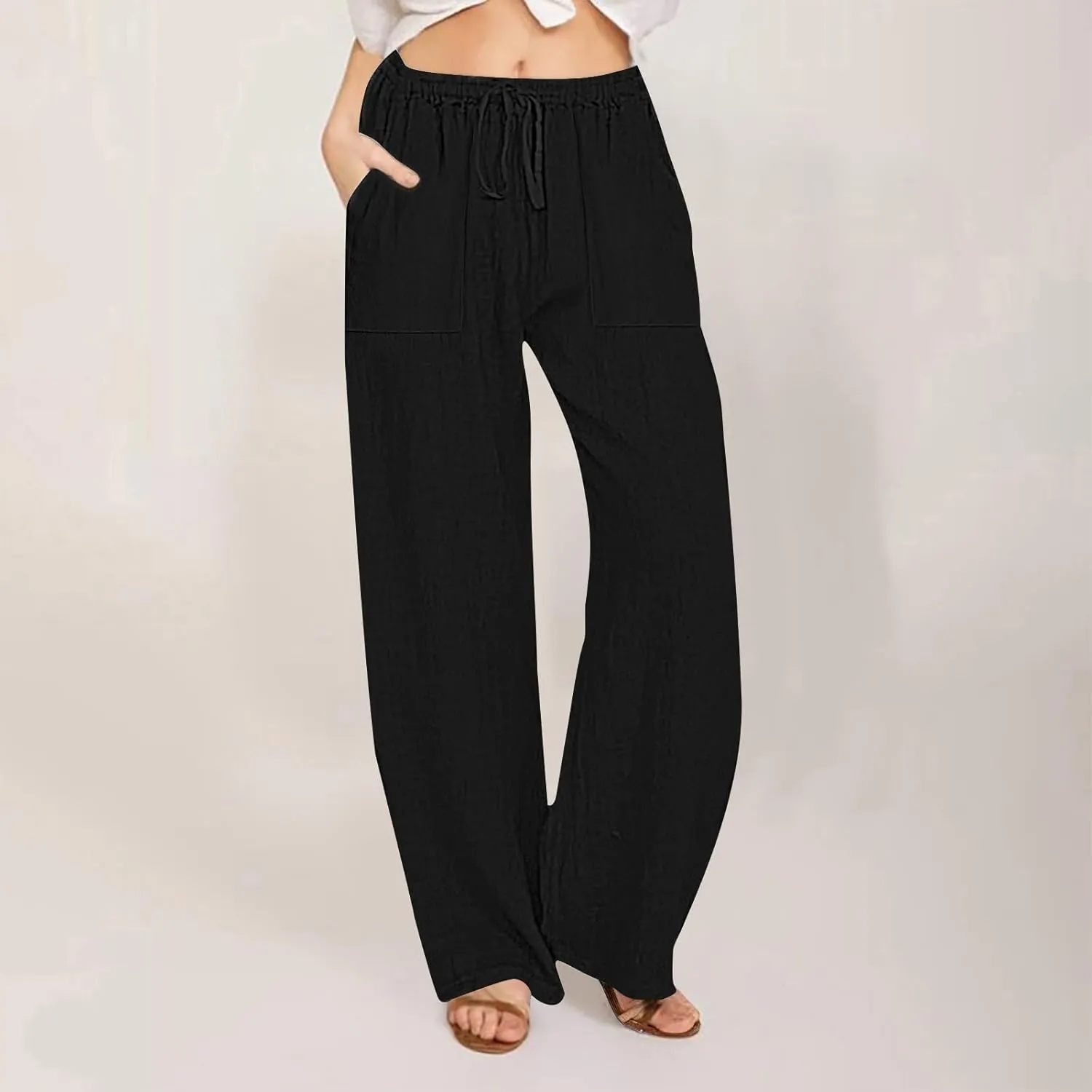 Wide Leg Linen Pants Women Summer Elastic High Waisted Lounge Pants Beach Trouser with Pockets Casual Slacks Clothes