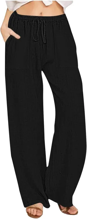 Wide Leg Linen Pants Women Summer Elastic High Waisted Lounge Pants Beach Trouser with Pockets Casual Slacks Clothes