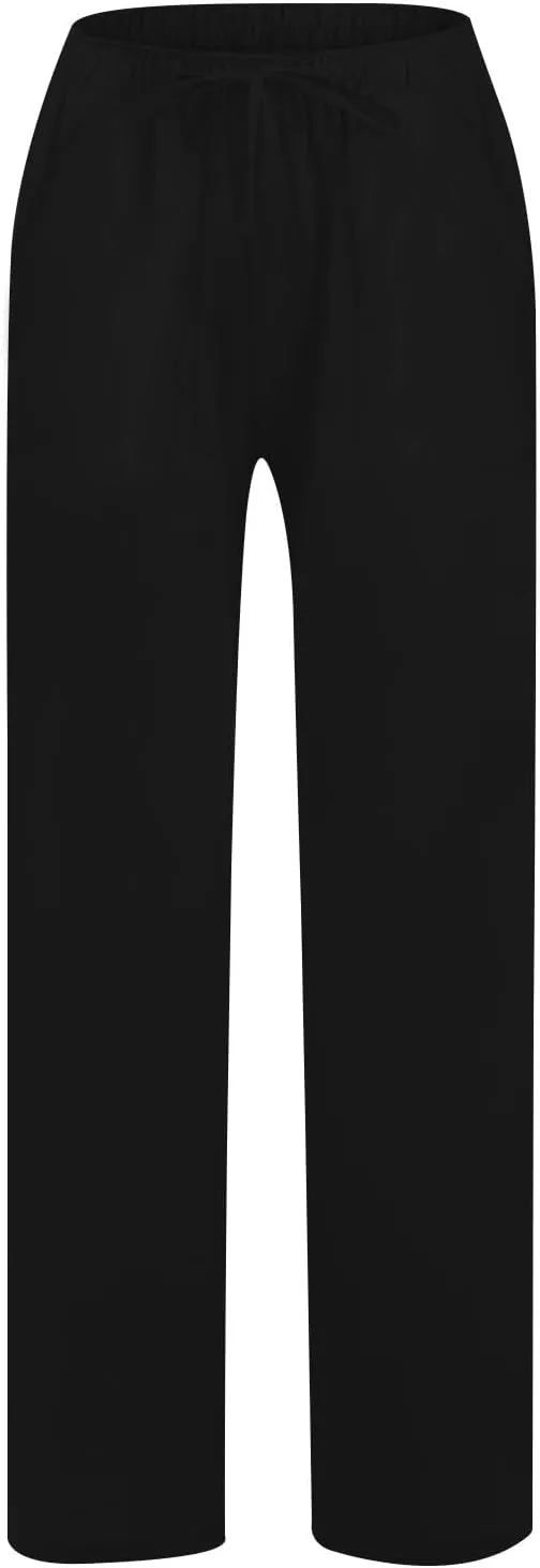 Wide Leg Linen Pants Women Summer Elastic High Waisted Lounge Pants Beach Trouser with Pockets Casual Slacks Clothes