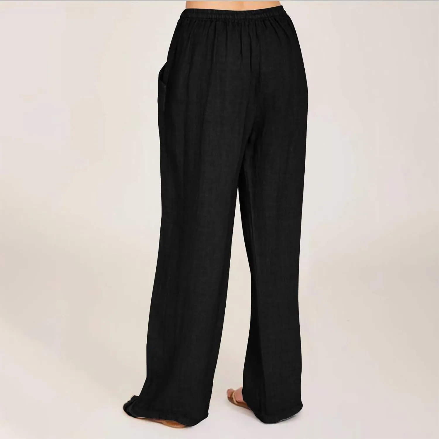 Wide Leg Linen Pants Women Summer Elastic High Waisted Lounge Pants Beach Trouser with Pockets Casual Slacks Clothes