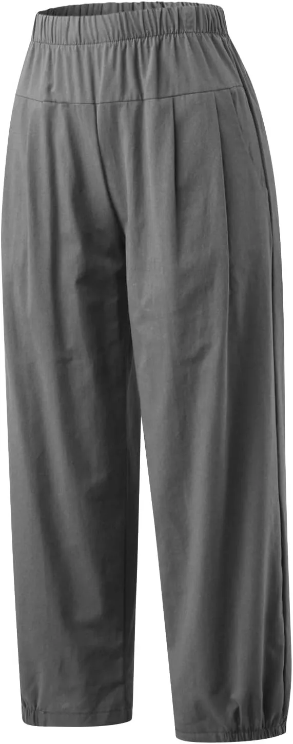 Wide Leg Lounge Pants for Women High Waist Cotton Linen Cropped Pant Dressy Casual Summer Trousers with Pockets