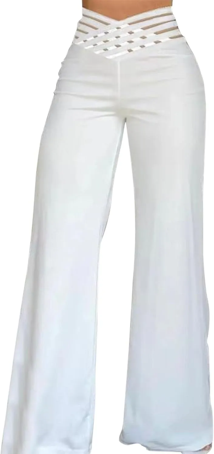 Wide Leg Pants for Women Hollow Belt High Waist Solid Color Loose Flowy Long Trousers Going Out Beach Vacation Pants