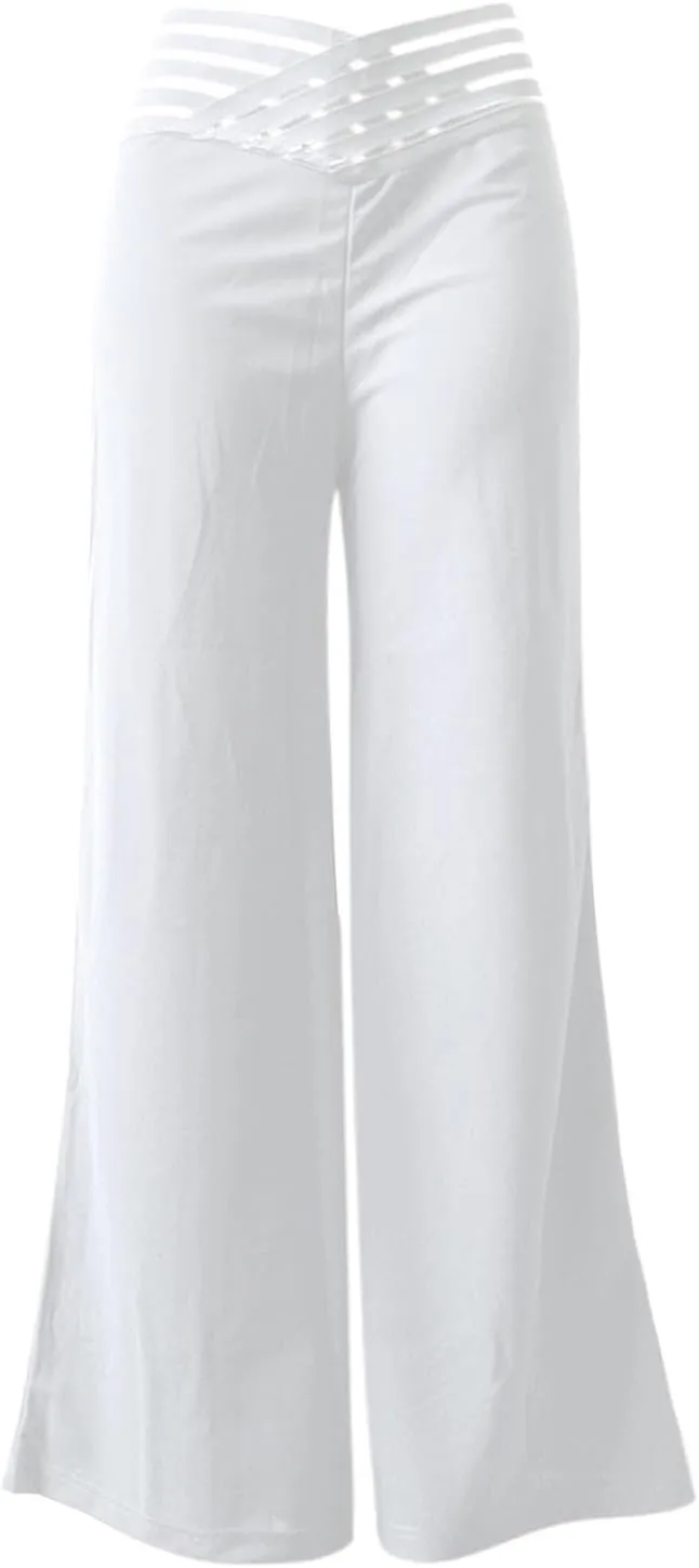 Wide Leg Pants for Women Hollow Belt High Waist Solid Color Loose Flowy Long Trousers Going Out Beach Vacation Pants
