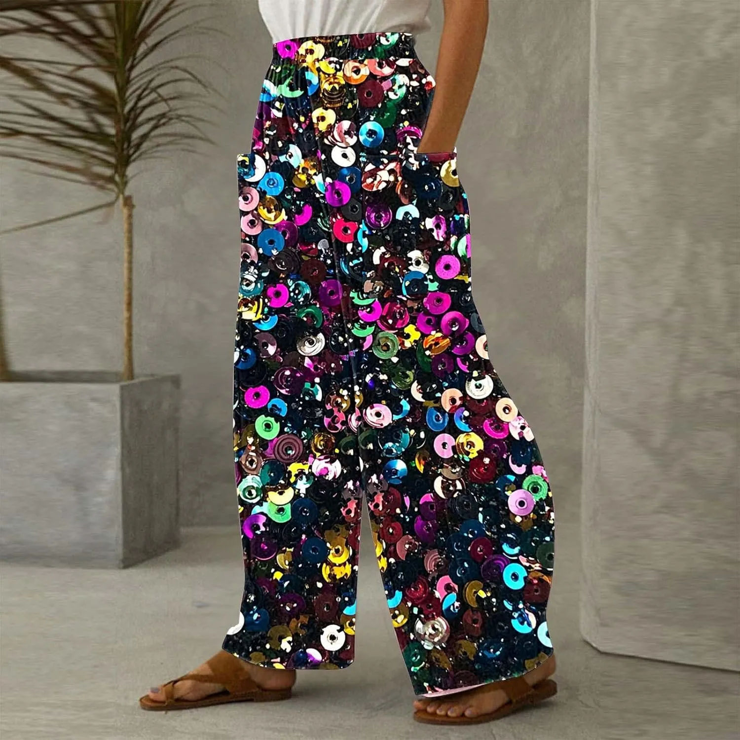 Wide Leg Pants for Women Vintage Sequin Glitter Print Straight Palazzo Dressy Casual High Waisted Lounge Trousers