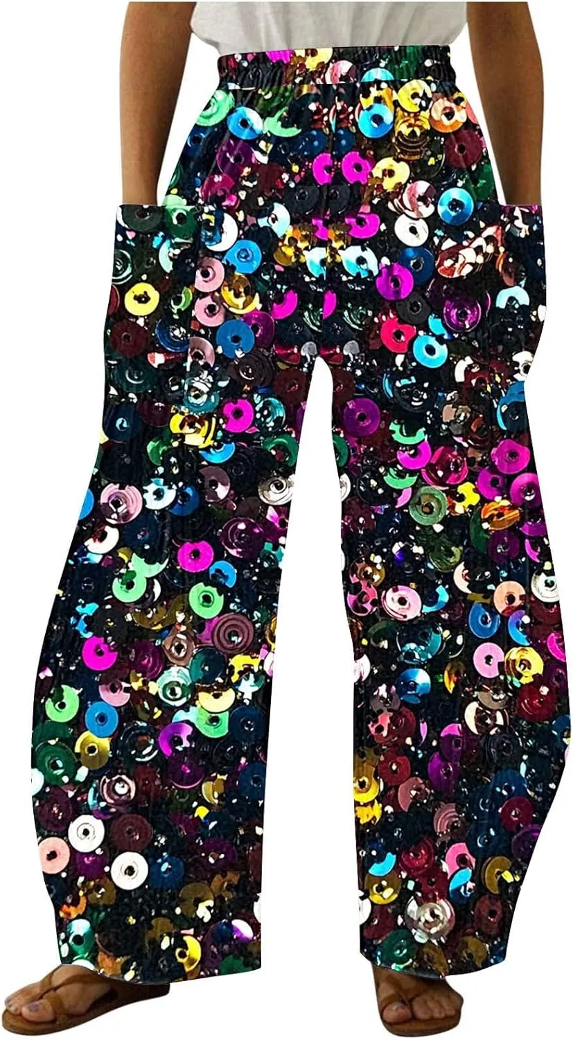 Wide Leg Pants for Women Vintage Sequin Glitter Print Straight Palazzo Dressy Casual High Waisted Lounge Trousers