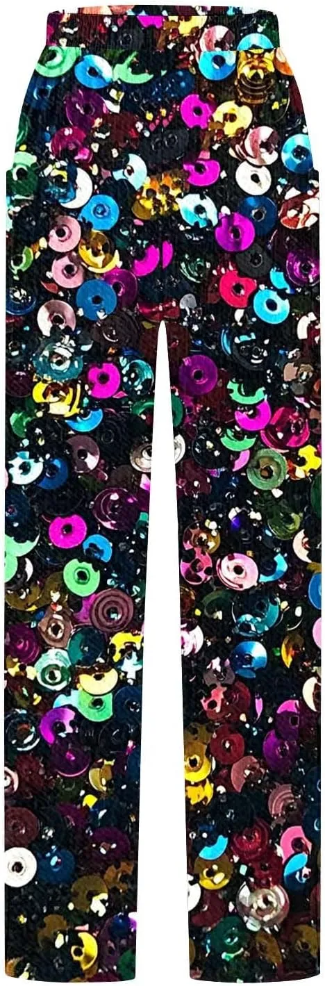 Wide Leg Pants for Women Vintage Sequin Glitter Print Straight Palazzo Dressy Casual High Waisted Lounge Trousers