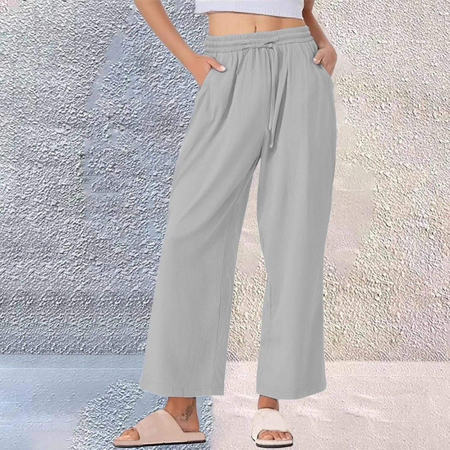 Wide Leg Pants Women Linen Casual Beach Summer Lounge Pants Travel Work Trousers with Pockets for Walking