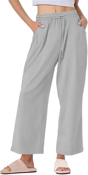 Wide Leg Pants Women Linen Casual Beach Summer Lounge Pants Travel Work Trousers with Pockets for Walking