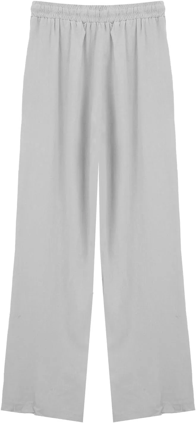 Wide Leg Pants Women Linen Casual Beach Summer Lounge Pants Travel Work Trousers with Pockets for Walking
