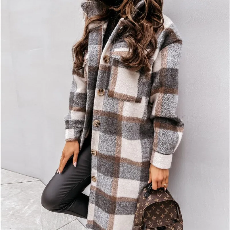 Winter Plaid Shirt Jacket Turn Down Collar Long Oversize Coat for Women