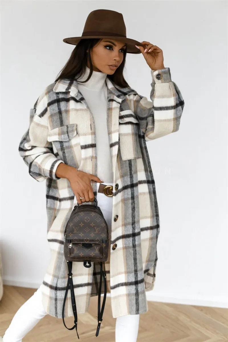 Winter Plaid Shirt Jacket Turn Down Collar Long Oversize Coat for Women