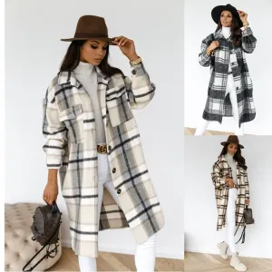 Winter Plaid Shirt Jacket Turn Down Collar Long Oversize Coat for Women