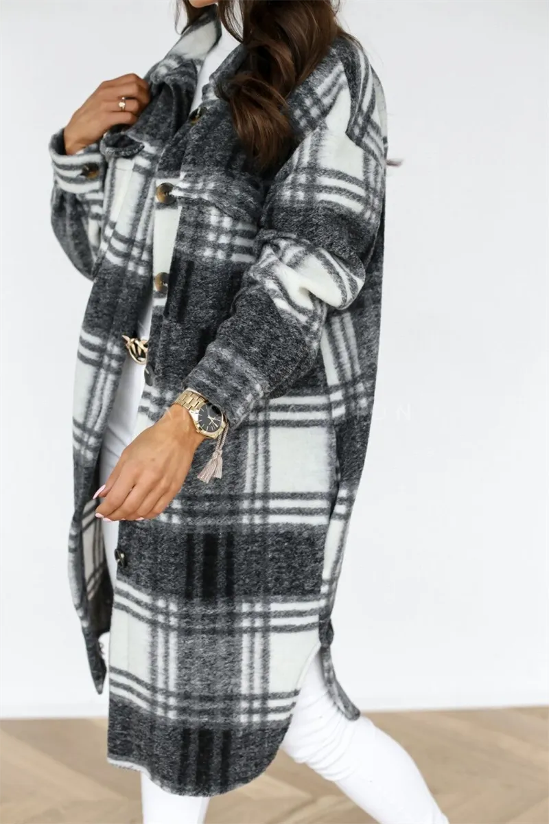 Winter Plaid Shirt Jacket Turn Down Collar Long Oversize Coat for Women
