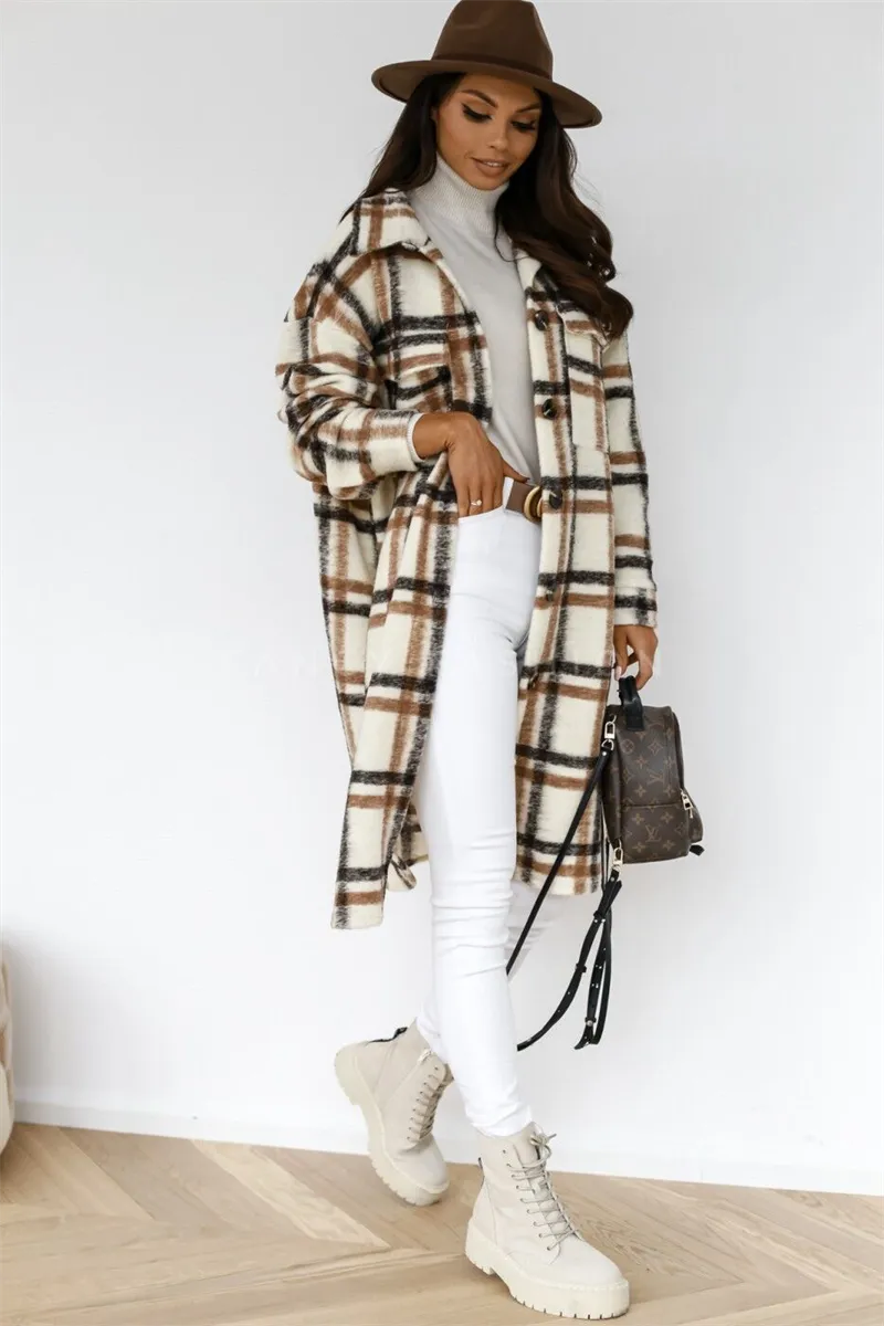 Winter Plaid Shirt Jacket Turn Down Collar Long Oversize Coat for Women