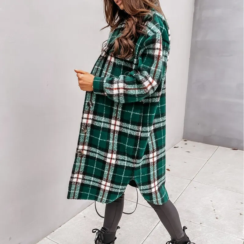 Winter Plaid Shirt Jacket Turn Down Collar Long Oversize Coat for Women