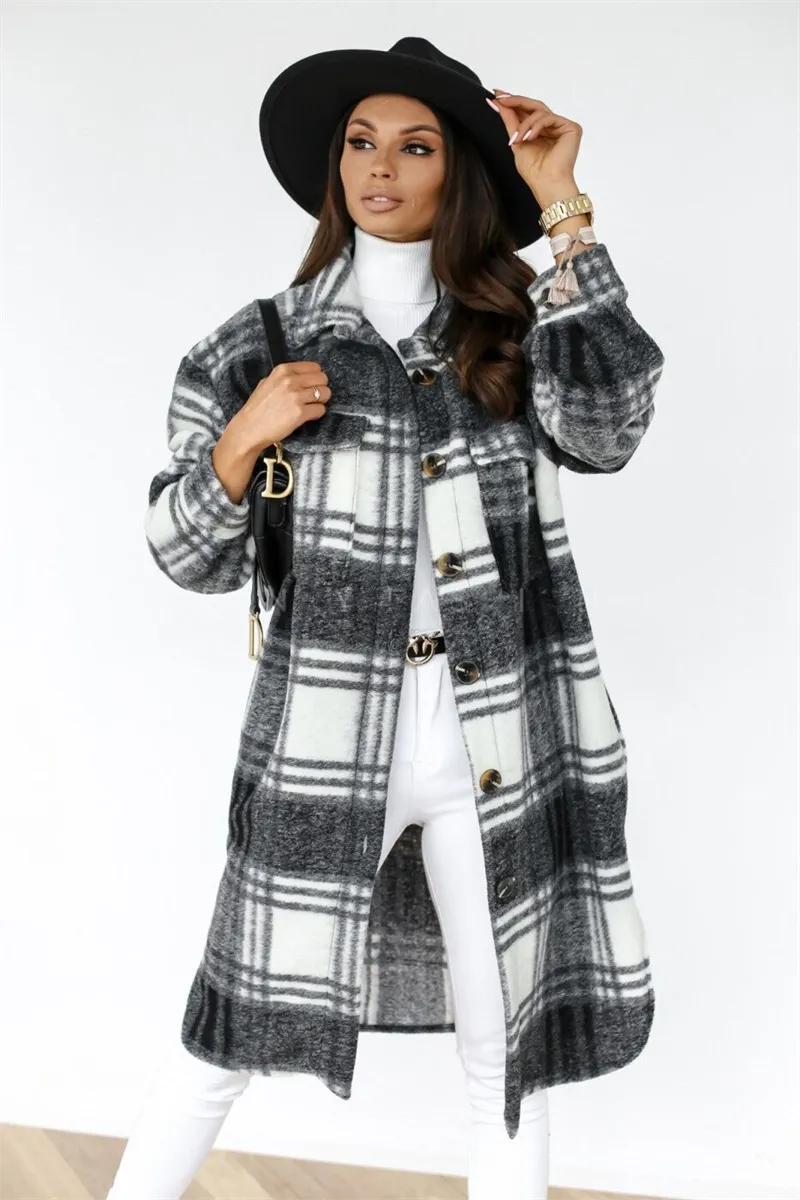 Winter Plaid Shirt Jacket Turn Down Collar Long Oversize Coat for Women