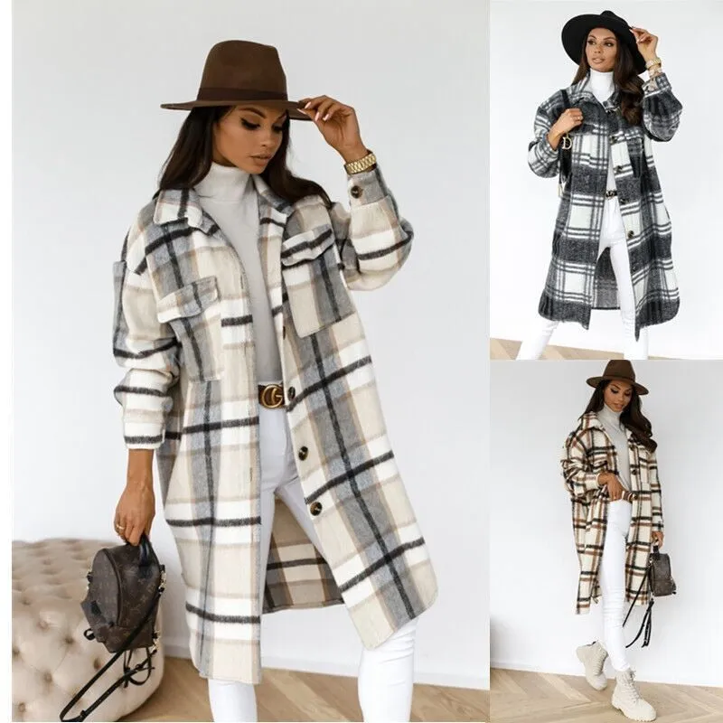 Winter Plaid Shirt Jacket Turn Down Collar Long Oversize Coat for Women