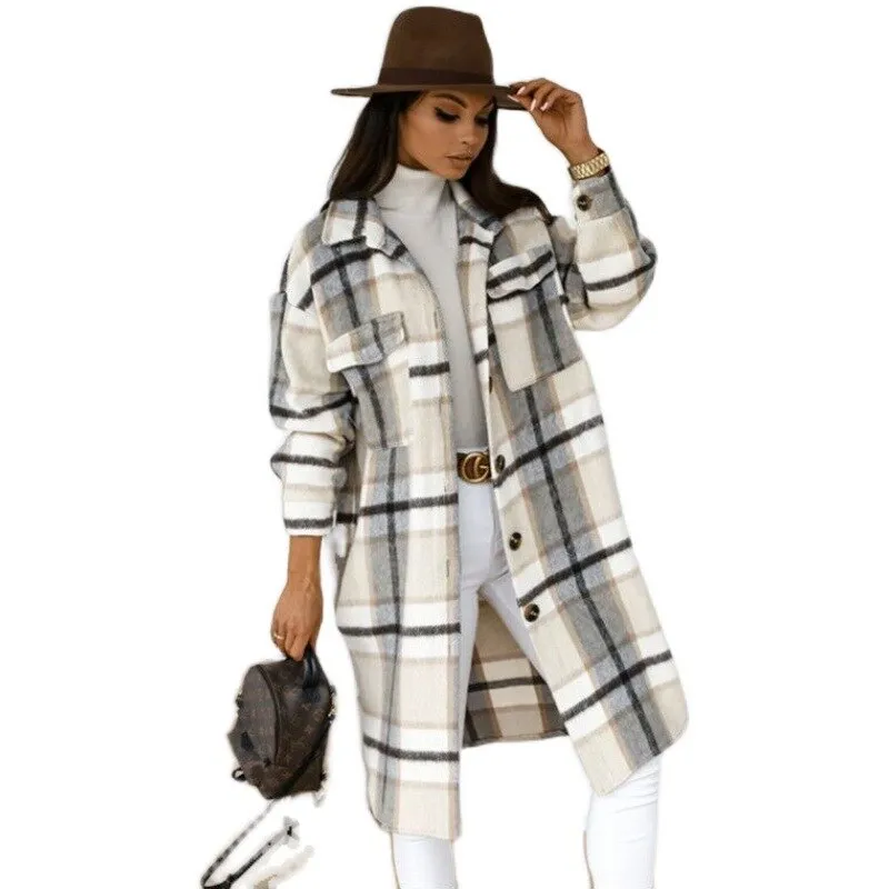 Winter Plaid Shirt Jacket Turn Down Collar Long Oversize Coat for Women