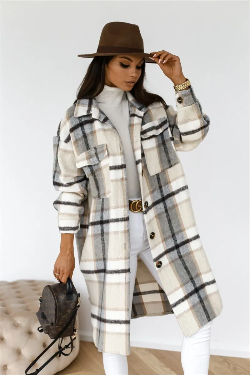 Winter Plaid Shirt Jacket Turn Down Collar Long Oversize Coat for Women