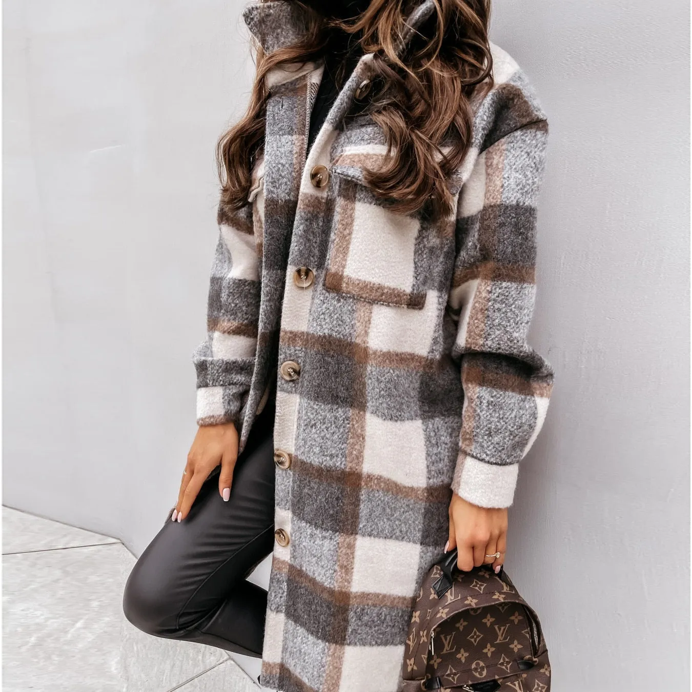 Winter Plaid Shirt Jacket Turn Down Collar Long Oversize Coat for Women