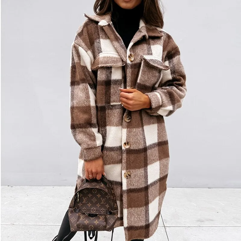 Winter Plaid Shirt Jacket Turn Down Collar Long Oversize Coat for Women