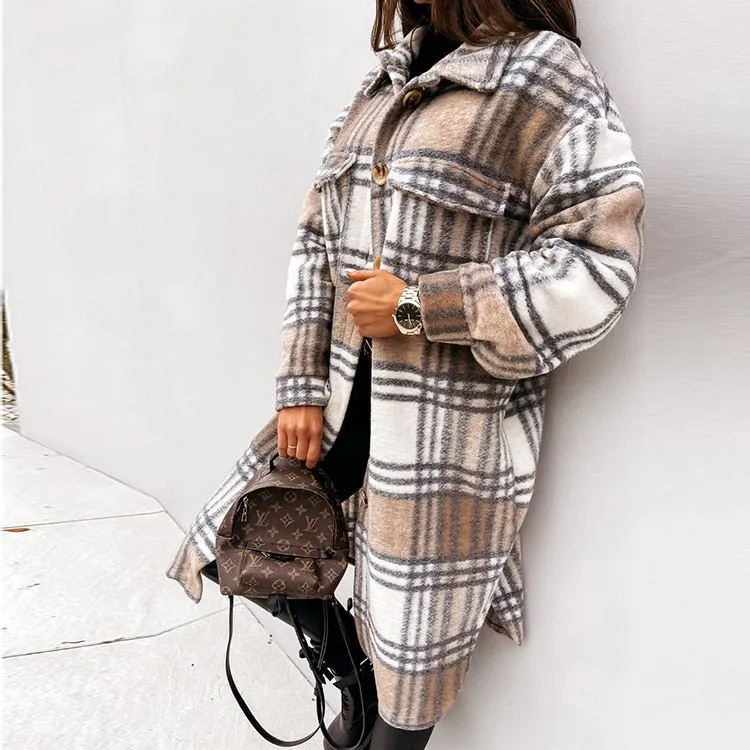Winter Plaid Shirt Jacket Turn Down Collar Long Oversize Coat for Women
