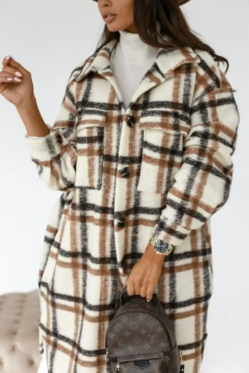 Winter Plaid Shirt Jacket Turn Down Collar Long Oversize Coat for Women
