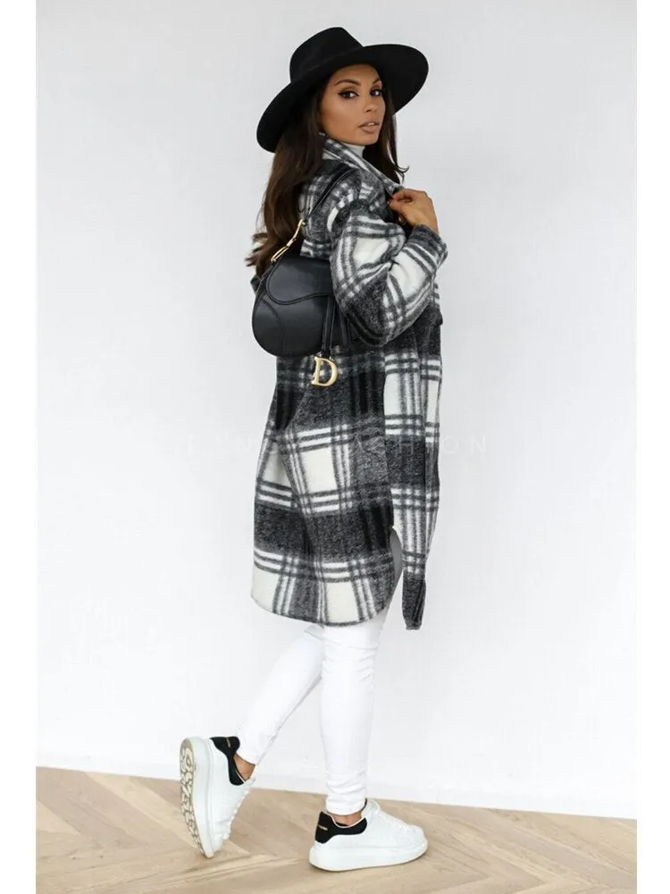 Winter Plaid Shirt Jacket Turn Down Collar Long Oversize Coat for Women