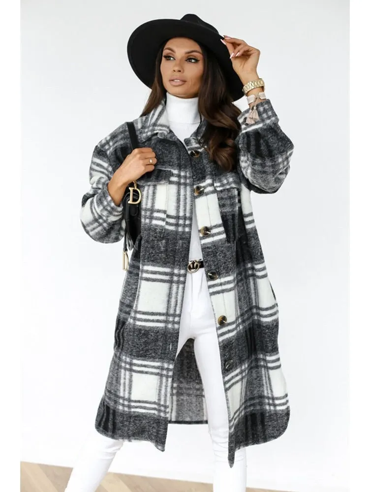 Winter Plaid Shirt Jacket Turn Down Collar Long Oversize Coat for Women