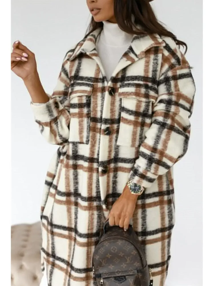 Winter Plaid Shirt Jacket Turn Down Collar Long Oversize Coat for Women