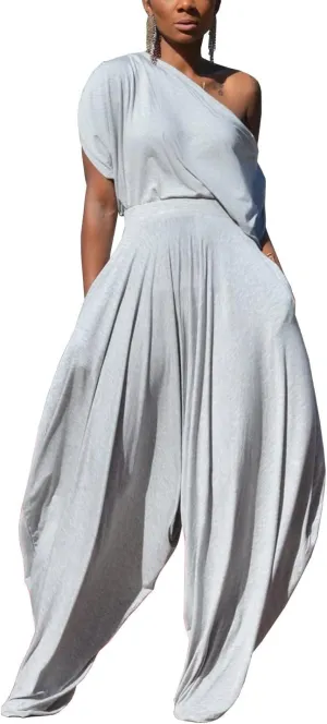 WOKANSE Womens 2 Piece Outfits Solid Short Sleeve Off One Shoulder Pullover Top and Loose Harem Pants Set Tracksuits