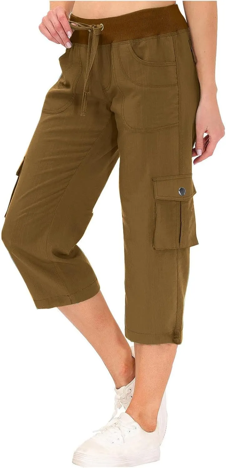 Women Cargo Capris Summer Casual Drawstring Capri Pants with Pockets Wide Leg Cropped Trouser Outdoor Hiking Pants