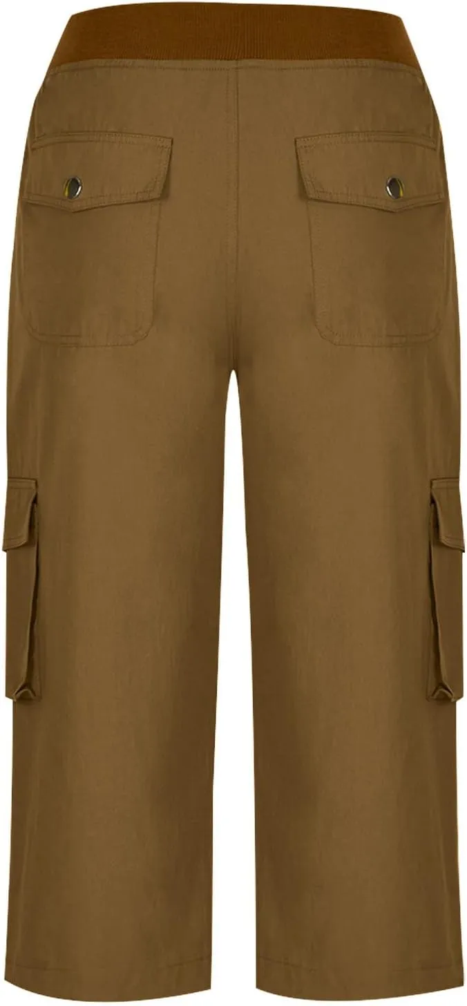 Women Cargo Capris Summer Casual Drawstring Capri Pants with Pockets Wide Leg Cropped Trouser Outdoor Hiking Pants