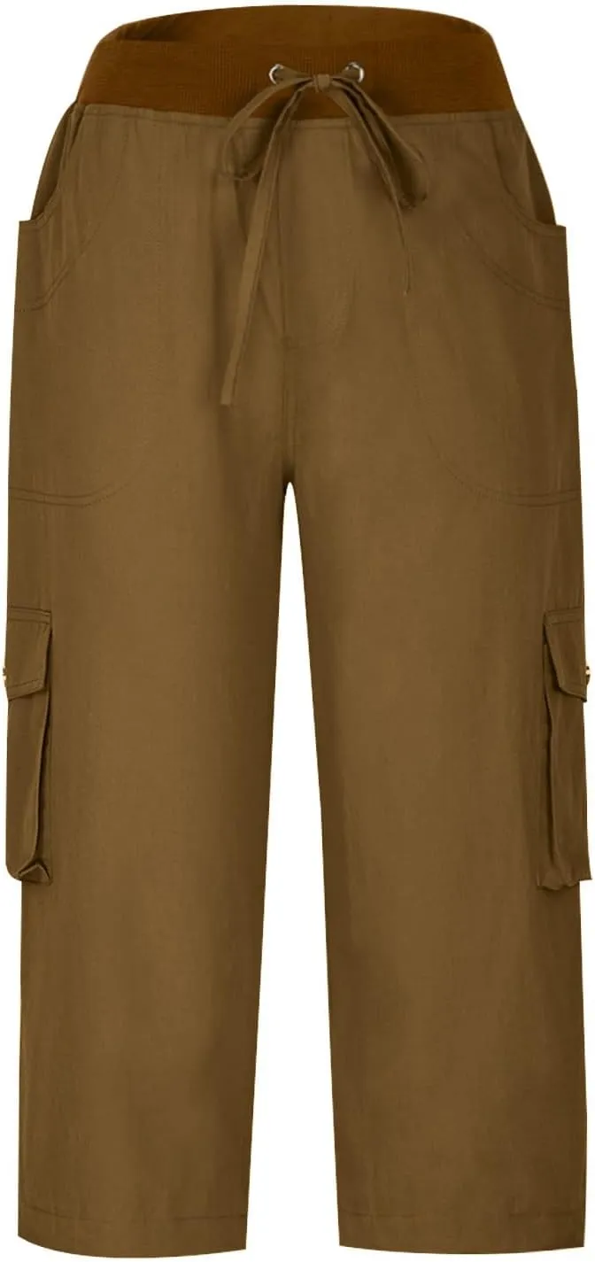 Women Cargo Capris Summer Casual Drawstring Capri Pants with Pockets Wide Leg Cropped Trouser Outdoor Hiking Pants