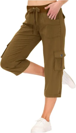 Women Cargo Capris Summer Casual Drawstring Capri Pants with Pockets Wide Leg Cropped Trouser Outdoor Hiking Pants