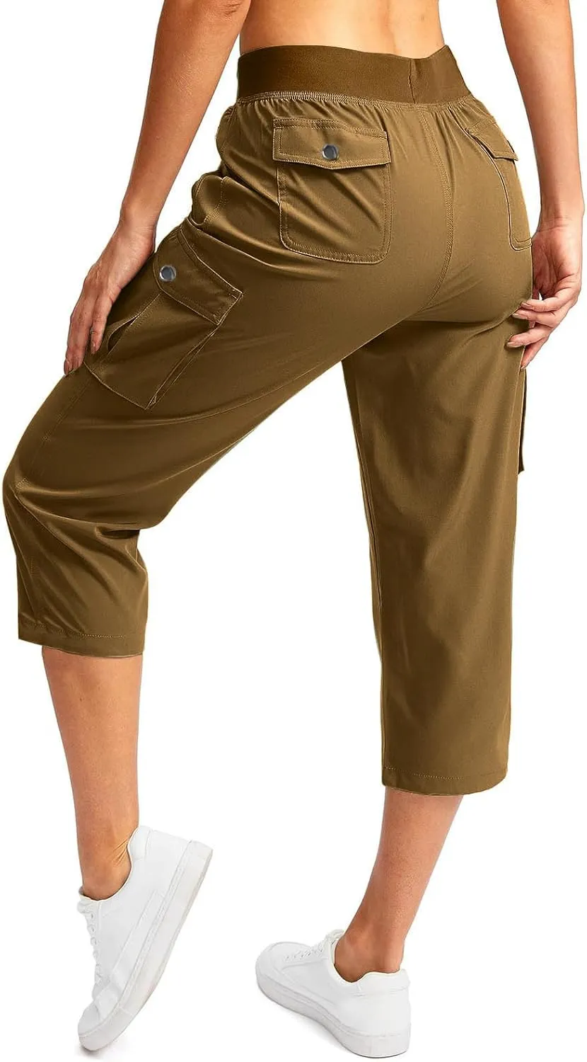 Women Cargo Capris Summer Casual Drawstring Capri Pants with Pockets Wide Leg Cropped Trouser Outdoor Hiking Pants