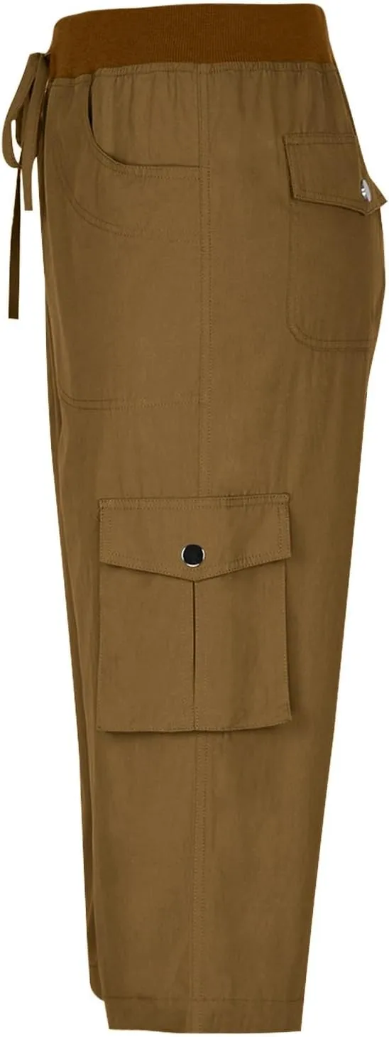 Women Cargo Capris Summer Casual Drawstring Capri Pants with Pockets Wide Leg Cropped Trouser Outdoor Hiking Pants