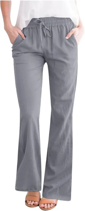 Women Cotton Linen Flare Pants Summer Drawstring Bootcut Trousers Boho Beach Lightweight Slacks Ladies Travel Clothes