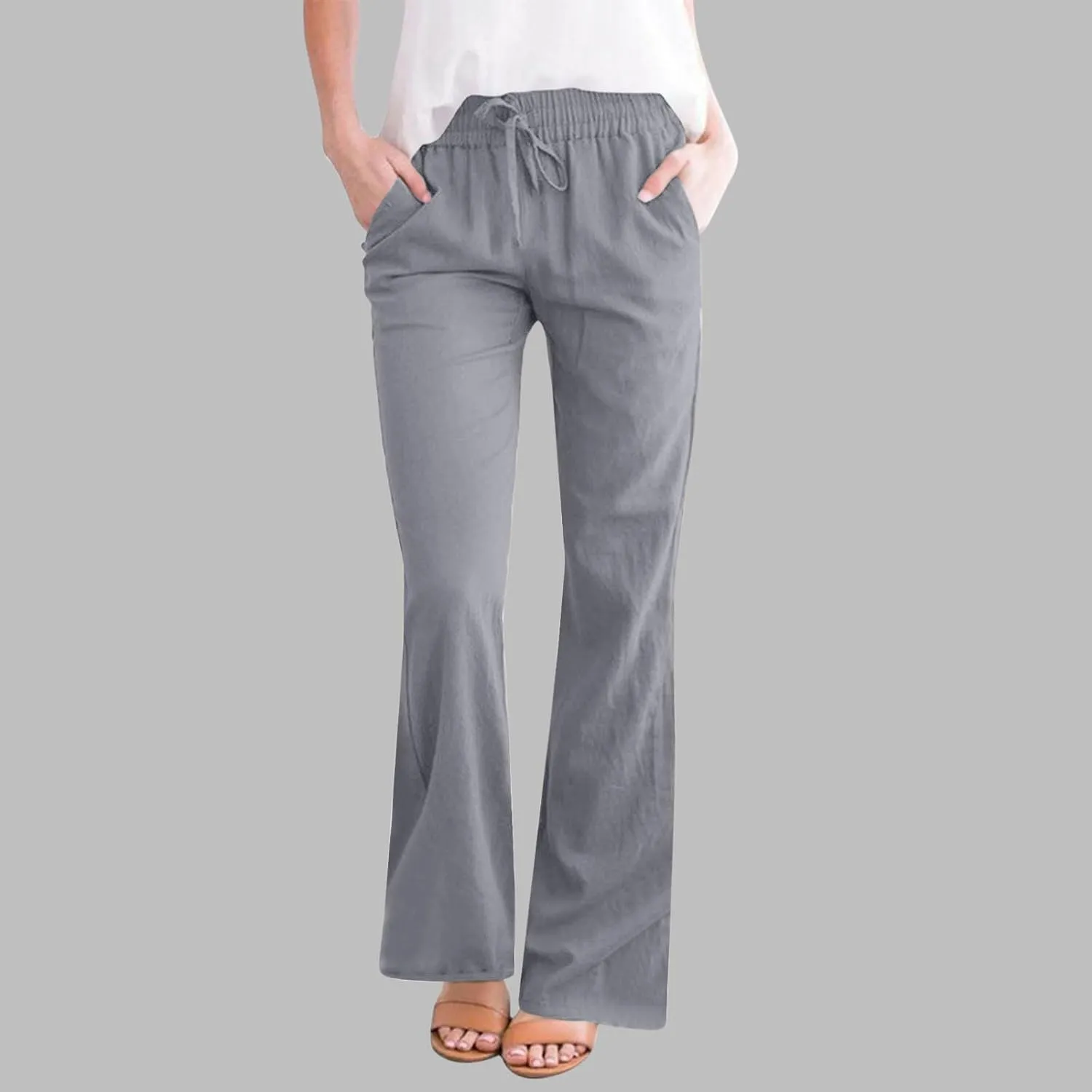 Women Cotton Linen Flare Pants Summer Drawstring Bootcut Trousers Boho Beach Lightweight Slacks Ladies Travel Clothes