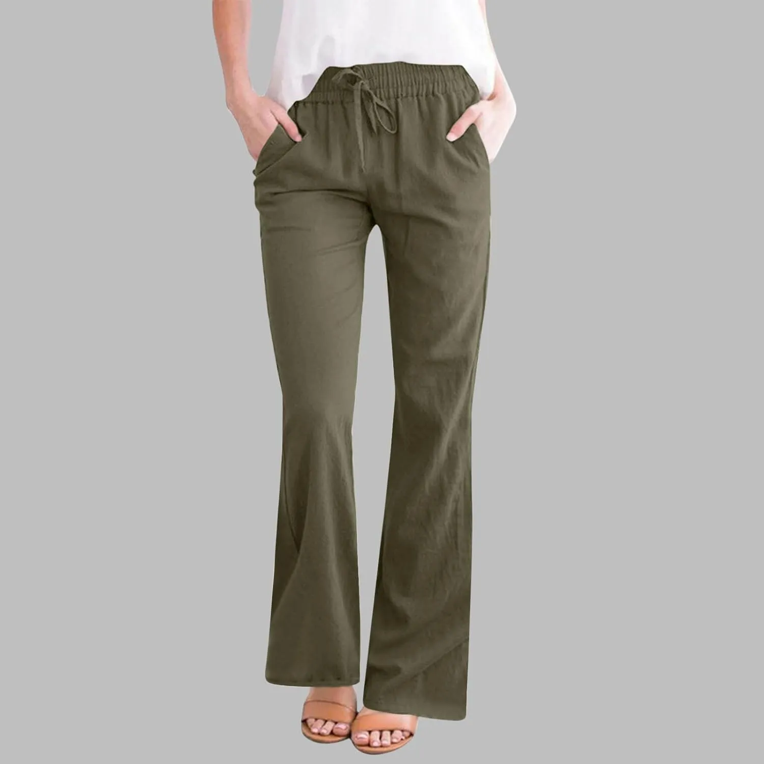Women Cotton Linen Flare Pants Summer Drawstring Bootcut Trousers Boho Beach Lightweight Slacks Ladies Travel Clothes