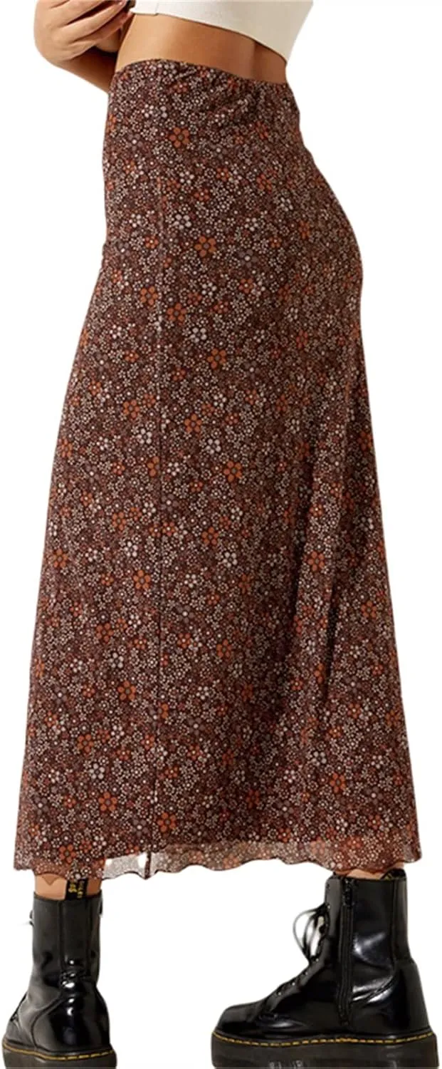 Women Floral Print Vintage Mesh Skirts Elastic High Waist A Line Skirt Fairy Grunge Aesthetic Maxi Skirts